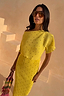 Thumbnail for Yellow Sunshine Tilly Dress in plissé fabric with gold flecks and an off-the-shoulder neckline.