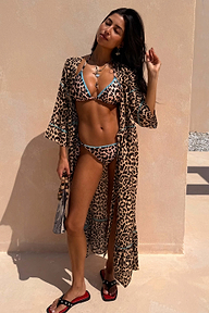Iconic Leopard Whipstitch Triangle Bikini Top with blue contrast stitching and a matching leopard print robe on a model.