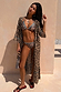 Iconic Leopard Whipstitch Triangle Bikini Top with blue contrast stitching and a matching leopard print robe on a model.