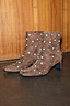 Chocolate Studded Suede Boots with turquoise studs, a square toe and a thin block heel.