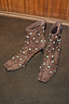Thumbnail for Chocolate Studded Suede Boots in brown suede with turquoise studs, a square toe and low block heel.