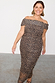 Leopard Diaz Dress in ruched mesh with an off-the-shoulder neckline, highlighting inclusive sizing.