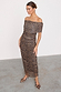 Leopard Diaz Dress in iconic leopard print mesh with a ruched texture and off-the-shoulder neckline.