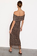 Leopard Diaz Dress in ruched mesh with an off-the-shoulder neckline, shown from the back in a brown leopard print.