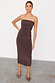Strapless brown midi slip dress from the Leopard Diaz set, styled with leopard print heels.