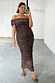 Leopard Diaz Dress with ruched mesh detailing and an off-shoulder neckline, highlighting inclusive sizing and iconic print.