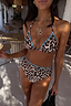 Thumbnail for Leopard print high waist bikini bottom featuring blue whipstitch detailing and matching top on a model.
