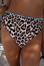 Leopard print high waist bikini bottoms featuring a contrast blue whipstitch trim at the waistband.