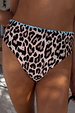 Leopard print high waist bikini bottoms featuring a contrast blue whipstitch trim at the waistband.