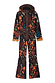 Night Garden Ski Suit with a multi-print leopard and floral design, featuring a padded hood and adjustable belt.