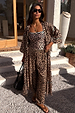 Leopard Kimono and Leopard Balloon Trouser with blue whipstitch detailing; leopard is a neutral.