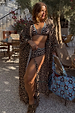 Longline leopard print kimono with contrast blue whipstitch detailing and matching bikini, styled for a poolside vacation.