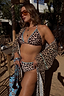 Thumbnail for Leopard Kimono with a longline silhouette, wide sleeves and blue whipstitch trim, worn over a matching bikini.