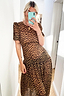 Thumbnail for Leopard Lucia Sheer Dress in iconic leopard print with puff sleeves, bust pleating and a low waistline in a mirror selfie.