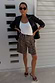 Leopard Lucia Scallop Pocket Long Shorts in brown denim, styled with a white vest and black blazer.