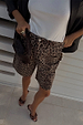 Leopard Lucia Scallop Pocket Long Shorts in leopard print denim, styled with a white top and black blazer.