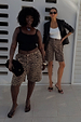 Leopard Lucia Scallop Pocket Long Shorts styled on two models for inclusive sizing and dopamine dressing.