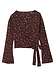 Dark Leopard Ballet Wrap top with orange accents, long flared sleeves and a side tie fastening.