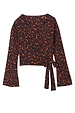 Dark Leopard Ballet Wrap top with orange accents, long flared sleeves and a side tie fastening.