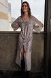Gunmetal Sequin Lila Shirt Dress with shimmering silver sequins and a longline silhouette on a model.