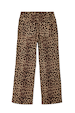 Leopard print wide-leg denim jeans featuring scalloped back pockets and embroidered logo detail.