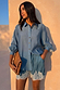 NFD Blue Lace Maeva Shorts in washed blue satin with white lace trim, paired with a matching lace-detail shirt.
