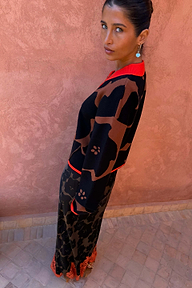 Tan Jaden Floral Maeva Midi Skirt featuring a vibrant orange lace trim and matching knit jumper.