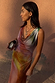 Abstract Malika Dress in multicoloured stretch jersey featuring a draped cowl neckline and vibrant print.