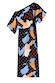 One-shoulder Mara Abstract Tilly Dress in plisse fabric with gold metallic flecks and a brown and blue abstract print.