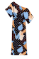 One-shoulder Mara Abstract Tilly Dress in a brown abstract print with gold metallic flecks and a plisse finish.