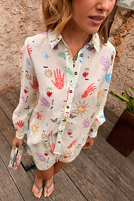 Oversized Celestial Marley Shirt in cream featuring a colourful print of palms, suns and hearts.