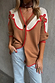 Cowgirl Martha Cardigan in tan knit with white embroidered western yoke and red stitching, styled with blue jeans.