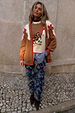 Cowgirl Martha Cardigan in tan knit with red contrast trim and a vintage western yoke with embroidered cowgirl motifs.