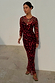 Thumbnail for Cherry Mesh Soho Dress in a red digital cherry print with long sleeves and a sheer midaxi silhouette.