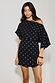 Black Plisse Mini Tilly Dress with gold metallic dots, an off-the-shoulder neckline and lettuce trims.