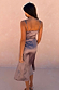 Mink Mimi Dress Petite in mink grey satin with lace trims on the straps and waist, shown from the back.