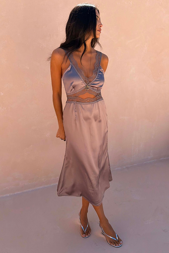 Mink Mimi Dress Petite in mink grey featuring lace trims and an under-bust cutout detail.