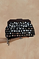 Black Beaded Mirror Bag with silver geometric glass embellishments and a dark wooden handle.