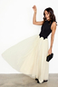 Black and Cream Monika Dress featuring a corset-style bodice and a pleated cream tulle mesh midi skirt.