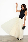 Black and Cream Monika Dress featuring a corset-style bodice and a pleated cream tulle mesh midi skirt.
