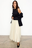 Black and Cream Monika Dress with a panelled corset-style top and a pleated tulle mesh midi skirt, designed in London.