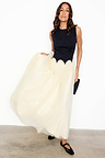 Black and Cream Monika Dress with a panelled corset-style top, scalloped edging and a pleated tulle mesh skirt.