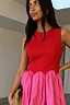 Thumbnail for Sleeveless Red and Pink Mini Monika Dress with a panelled corset-style bodice and a pleated skirt with scalloped edging.