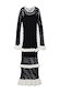 Mono Crochet Chloe Dress Petite in black wide-knit crochet with tiered white frills and long sleeves.