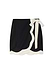 Thumbnail for Black Mono Scallop Mini Jaspre Skirt in cotton-linen with cream scalloped edges and wrap tie fastening.
