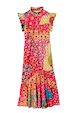 Morocco Remi Dress featuring a multi-coloured abstract patchwork print, ruffled high neck, and pleated shoulder frills.