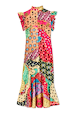 Morocco Remi midaxi dress in a multi-colour abstract patchwork print with pleated frills and a high neckline.
