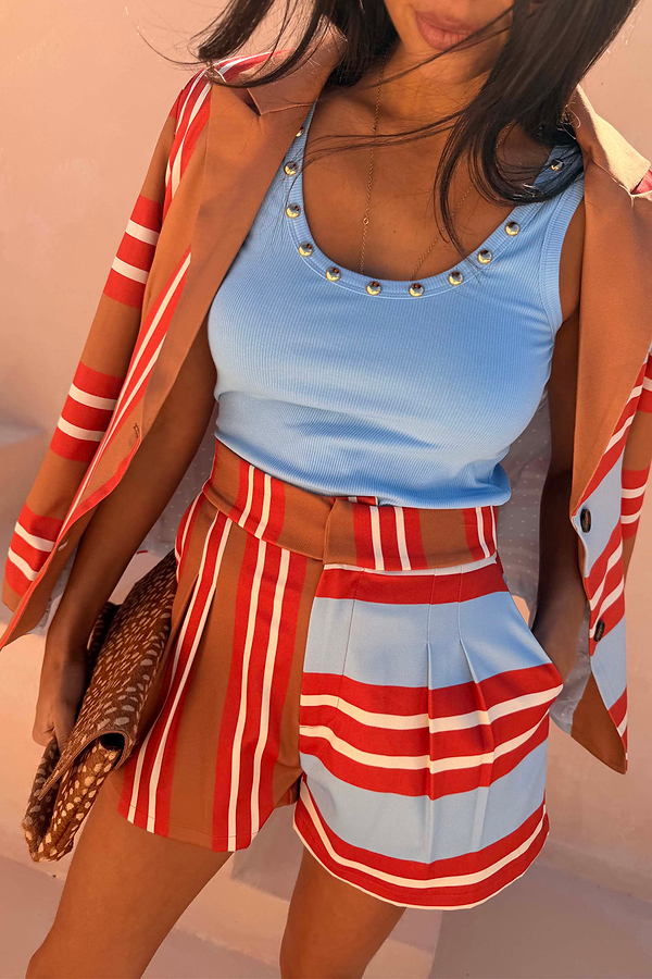 Multi Stripe Tate Shorts with mixed stripe panels, styled with a blue studded vest and matching blazer.
