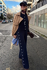 Navy Studded Knit Jogger with silver stud details, styled as a co-ord with a camel trench for a London street look.