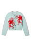Thumbnail for Blue knit Octopus Cardigan with red embroidered octopus motifs and contrast blanket stitch detailing.